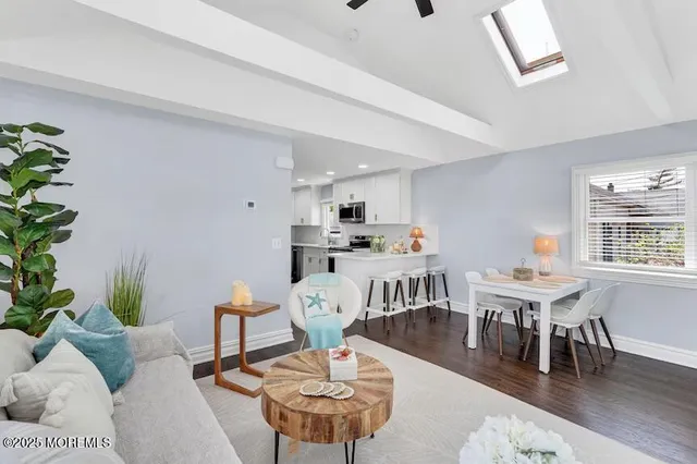 a living room with furniture a dining table and a potted plant