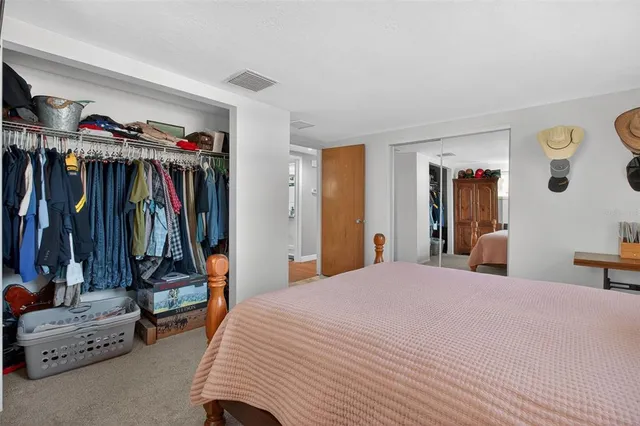 a bedroom with a bed a walk in closet and a mirror