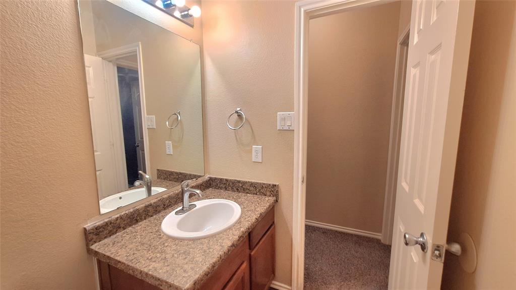 953 Hannah Way Dallas, TX 75253 - Photo 8 of 22 Vanity with a speckled countertop, undermount sink, and wood-finish cabinetry