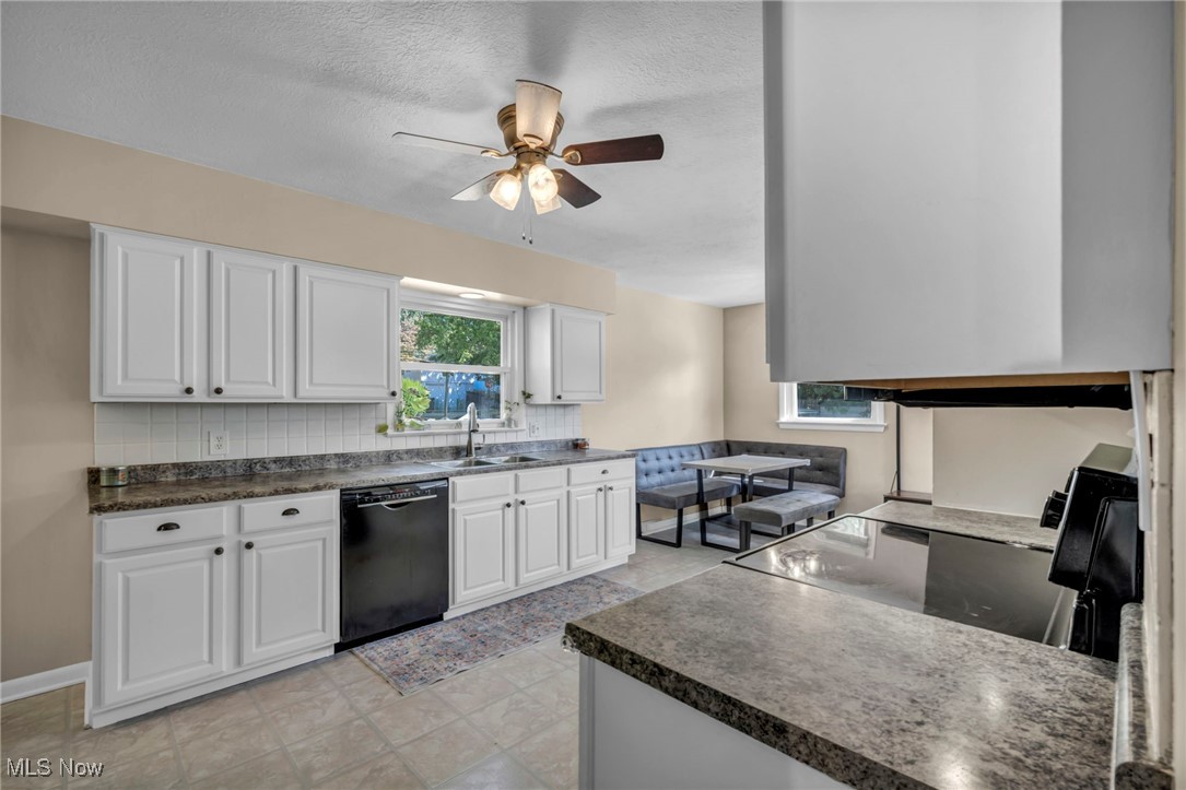 1641 Slusser Road Akron, OH 44305 - Photo 6 of 34 Kitchen featuring white cabinets, backsplash, dishwasher, dark countertops, and a textured ceiling