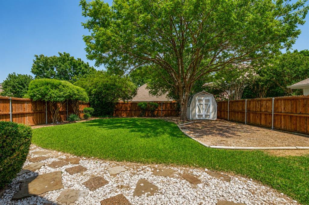 1215 Spring Creek Drive Allen, TX 75002 - Photo 29 of 40 Landscaped backyard featuring a stone pathway, a manicured lawn, and a wood privacy fence