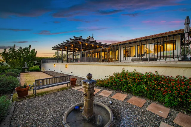 a view of a park with large trees