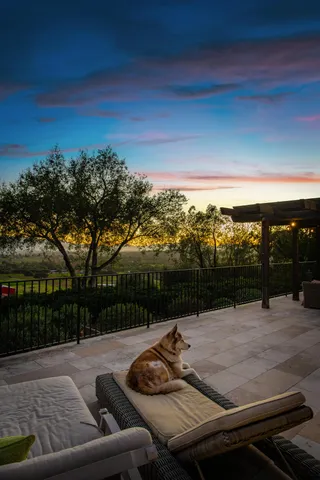 a view of a swimming pool with an outdoor seating and a yard