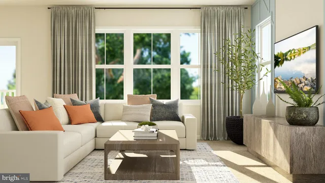 a living room with furniture and a potted plant