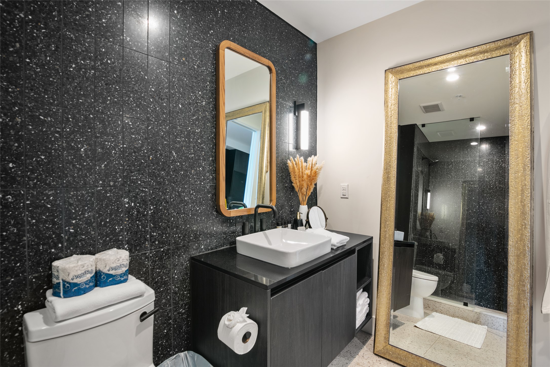 48 East Avenue, Unit 1102 Austin, TX 78701 - Photo 11 of 13 a bathroom with a sink mirror vanity and toilet