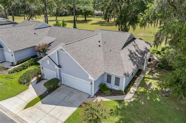 an aerial view of a house with a yard potted plants and large tree