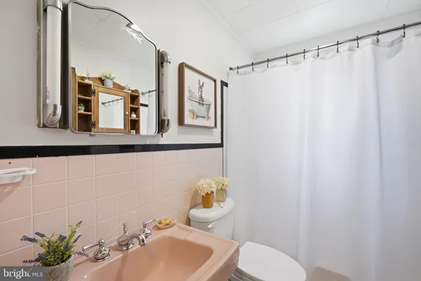 a bathroom with a sink a toilet and shower curtain