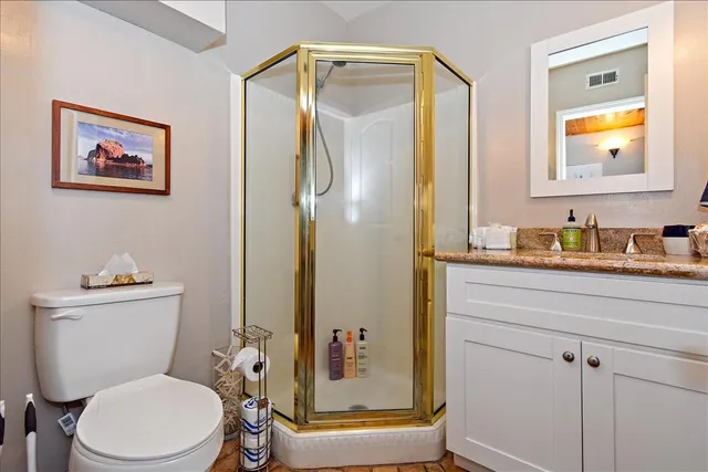 a bathroom with a granite countertop toilet a sink and a mirror