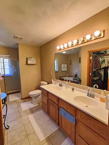 a bathroom with a double vanity sink mirror and toilet