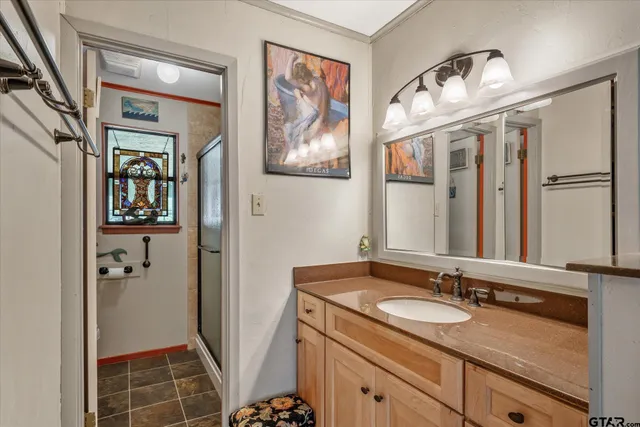 a bathroom with a sink a mirror and a shower