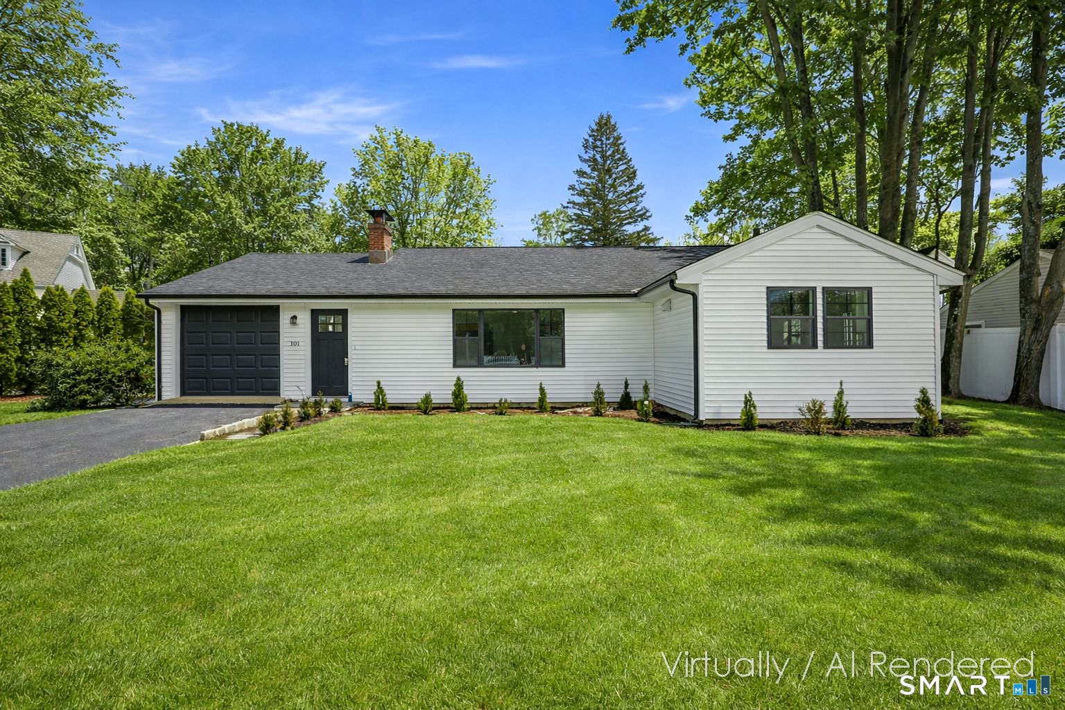 a front view of house with yard and green space