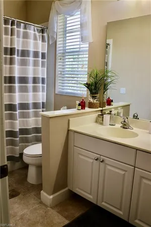 a bathroom with a sink a toilet a mirror and shower curtain