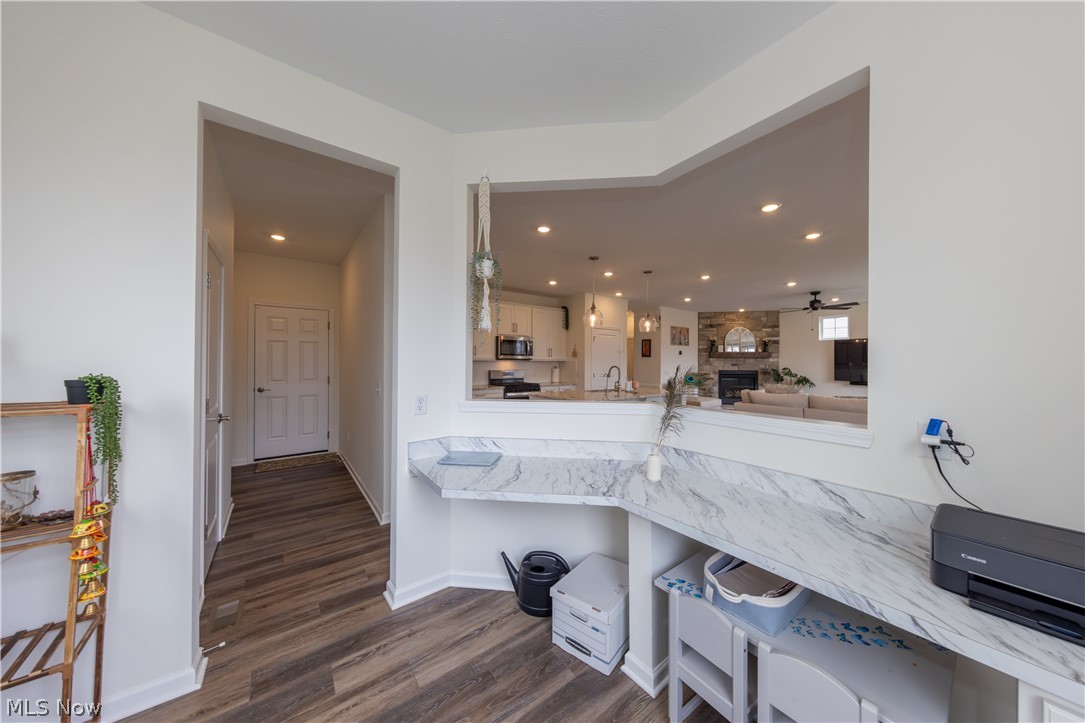 766 River Run Road Aurora, OH 44202 - Photo 23 of 49 Bathroom featuring vanity, a shower stall, and dark wood-style floors