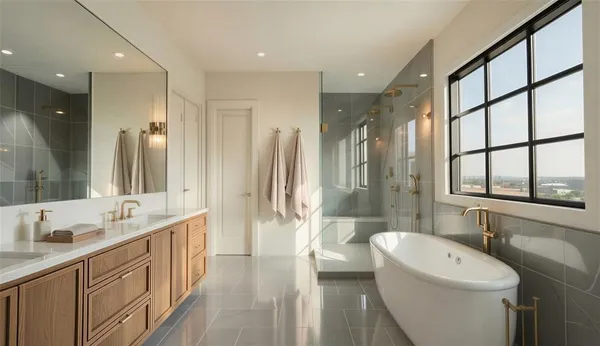 a bathroom with a double vanity sink toilet and shower