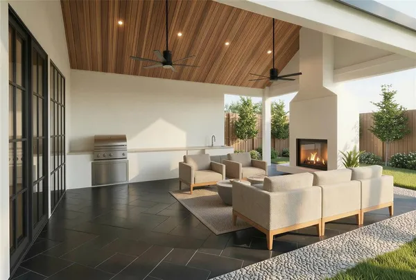 a living room with furniture a fireplace and a kitchen counter top