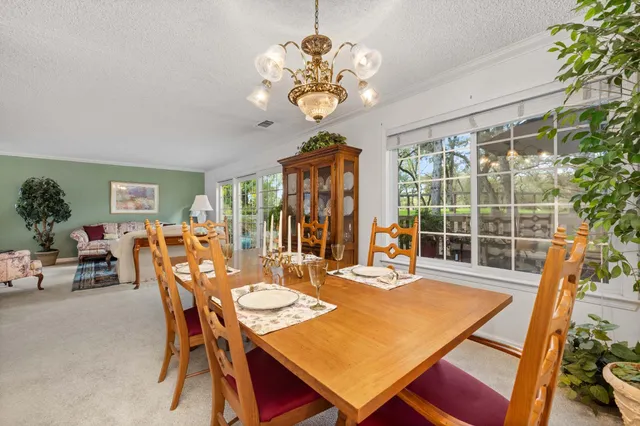 a dining room with furniture potted plants and a chandelier