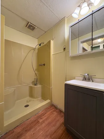 a bathroom with a granite countertop sink mirror and shower