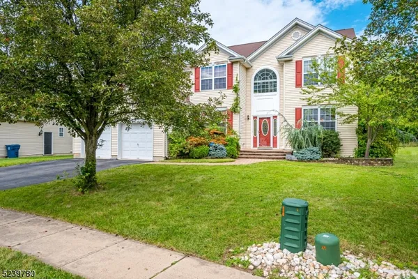 a front view of house with yard and green space