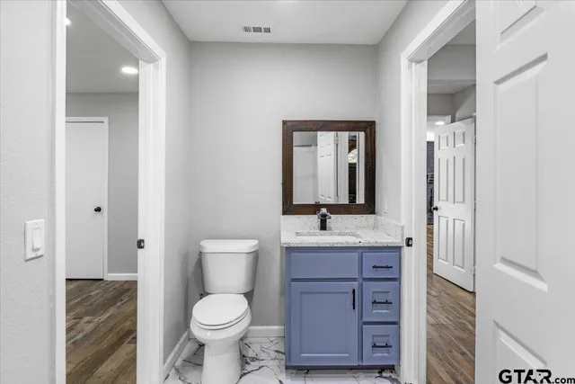 a bathroom with a toilet sink and mirror