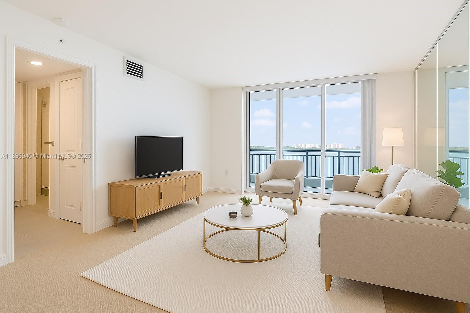 90 Alton Road, Unit 1408 Miami Beach, FL 33139 - Photo 2 of 15 a living room with furniture and a flat screen tv