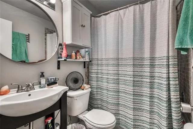 a bathroom with a toilet a sink and mirror