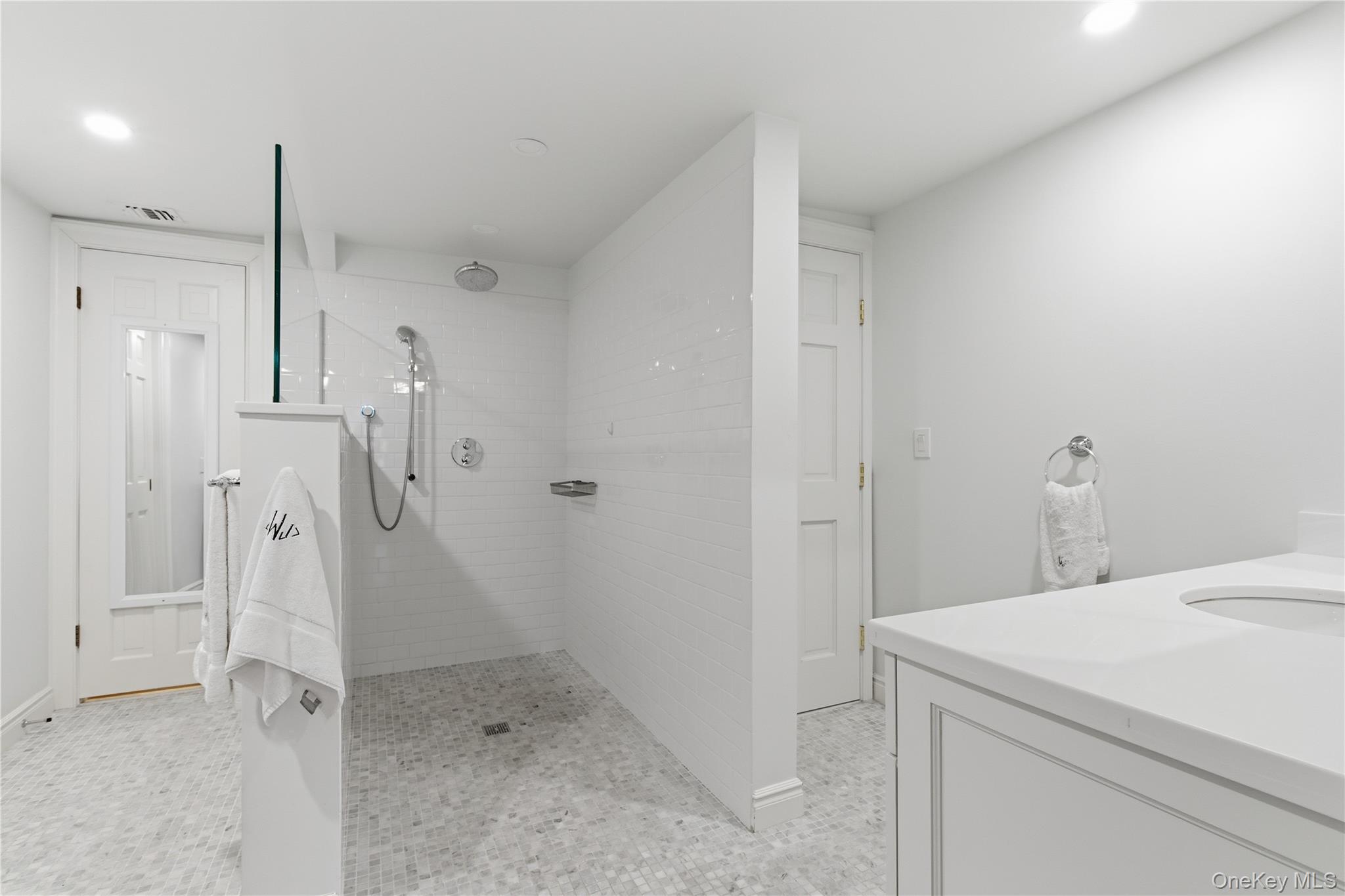 144 West Neck Road Huntington, NY 11743 - Photo 17 of 33 Bathroom featuring vanity, a walk in shower, and recessed lighting