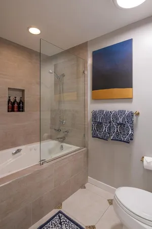 a bathroom with a bathtub and a toilet