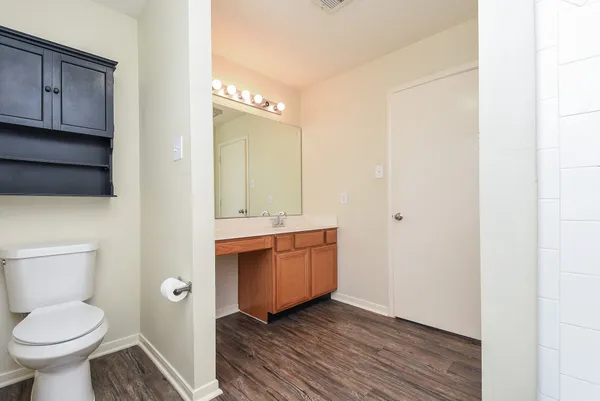 a bathroom with a toilet sink and mirror
