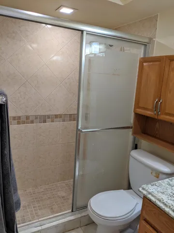 a white toilet sitting next to a shower