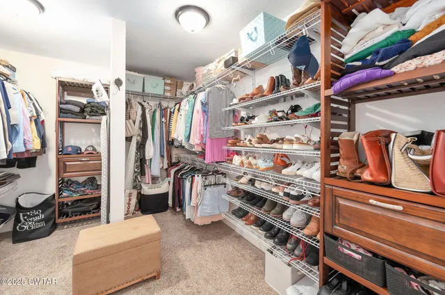 a view of walk in closet with clothes and shoes