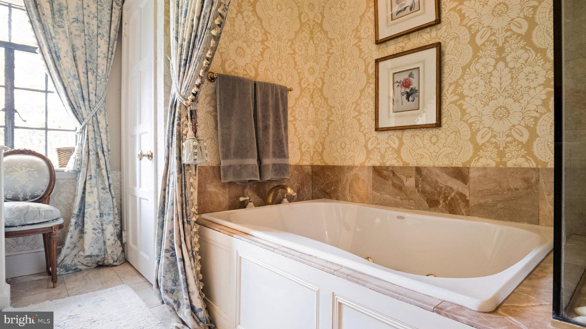 517 Fishers Road Bryn Mawr, PA 19010 - Photo 38 of 70 a bathroom with a tub a sink and a large mirror next to a window