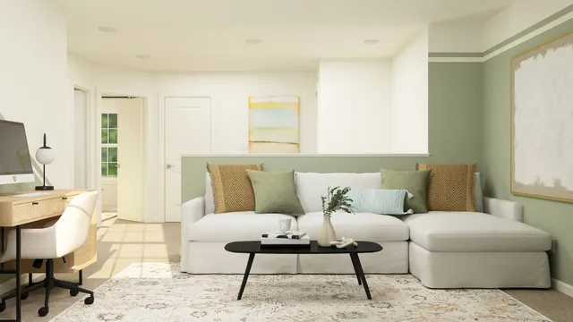 a living room with furniture and a table