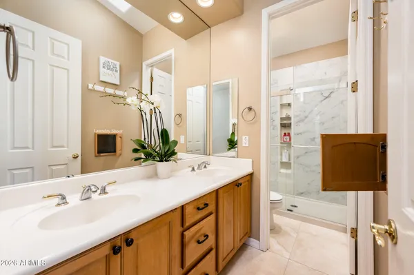 a bathroom with a double vanity sink a large mirror a shower and a bathtub