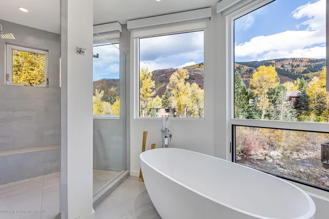 a bathroom with a bathtub and a shower