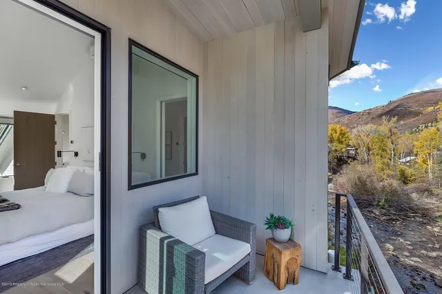 a balcony with furniture and a potted plant