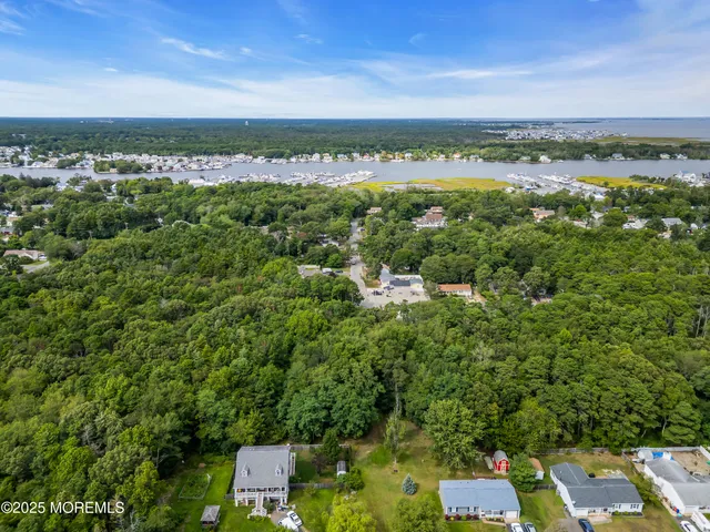 an aerial view of a residential houses covered in trees