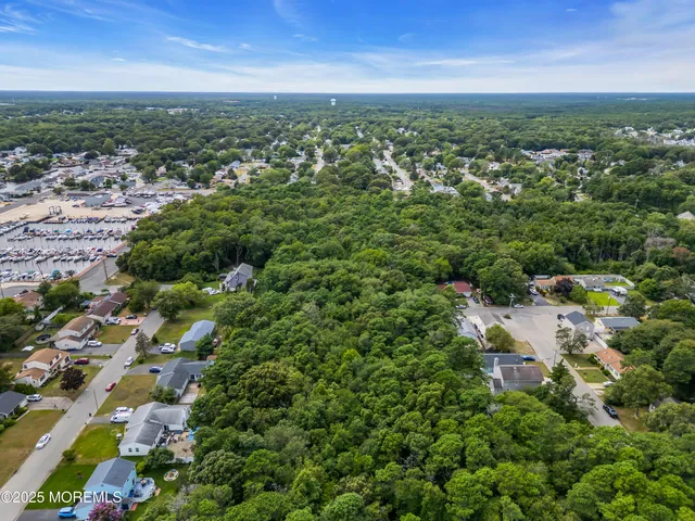 an aerial view of residential houses with outdoor space and trees