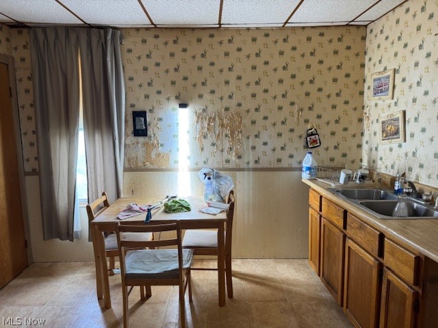 626 High Street Wellsburg, WV 26070 - Photo 8 of 18 Dining space featuring a drop ceiling, a wainscoted wall, and wallpapered walls