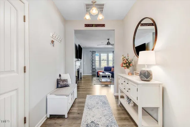 a living room with furniture flowerpot and a chandelier