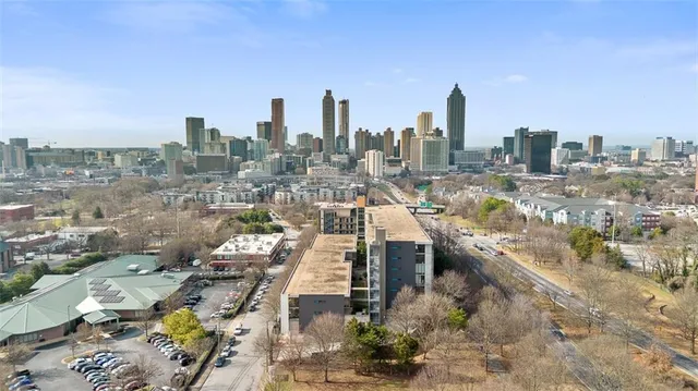a view of a city with tall buildings