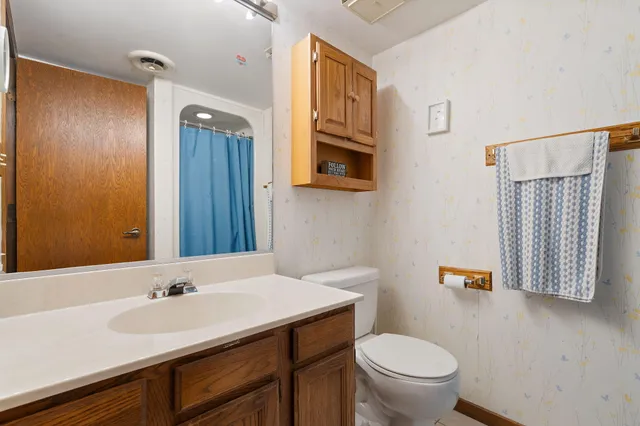 a bathroom with a sink a toilet and mirror