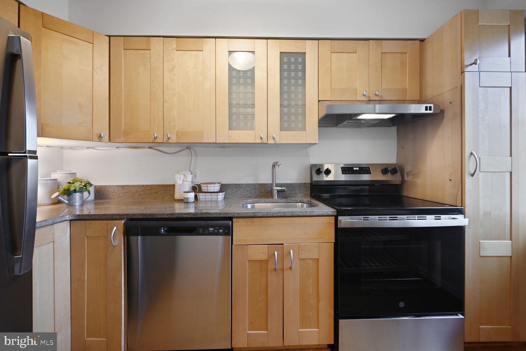 2242 Washington Avenue, Unit W303 Silver Spring, MD 20910 - Photo 13 of 37 a kitchen with stainless steel appliances granite countertop a stove a sink and a microwave