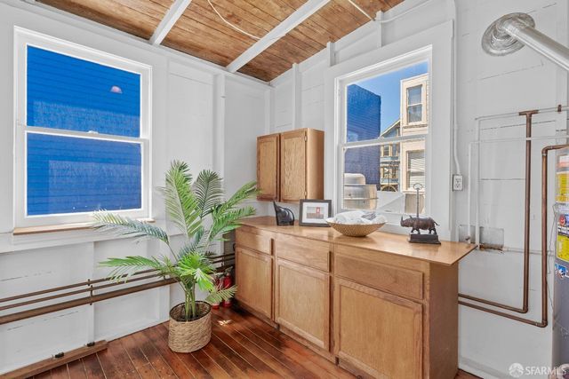 a room with stainless steel appliances a sink a potted plant and a window