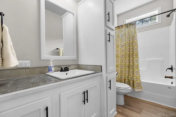 a bathroom with a granite countertop sink a toilet a mirror a vanity and shower
