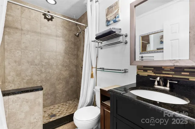 a bathroom with a granite countertop sink toilet and shower