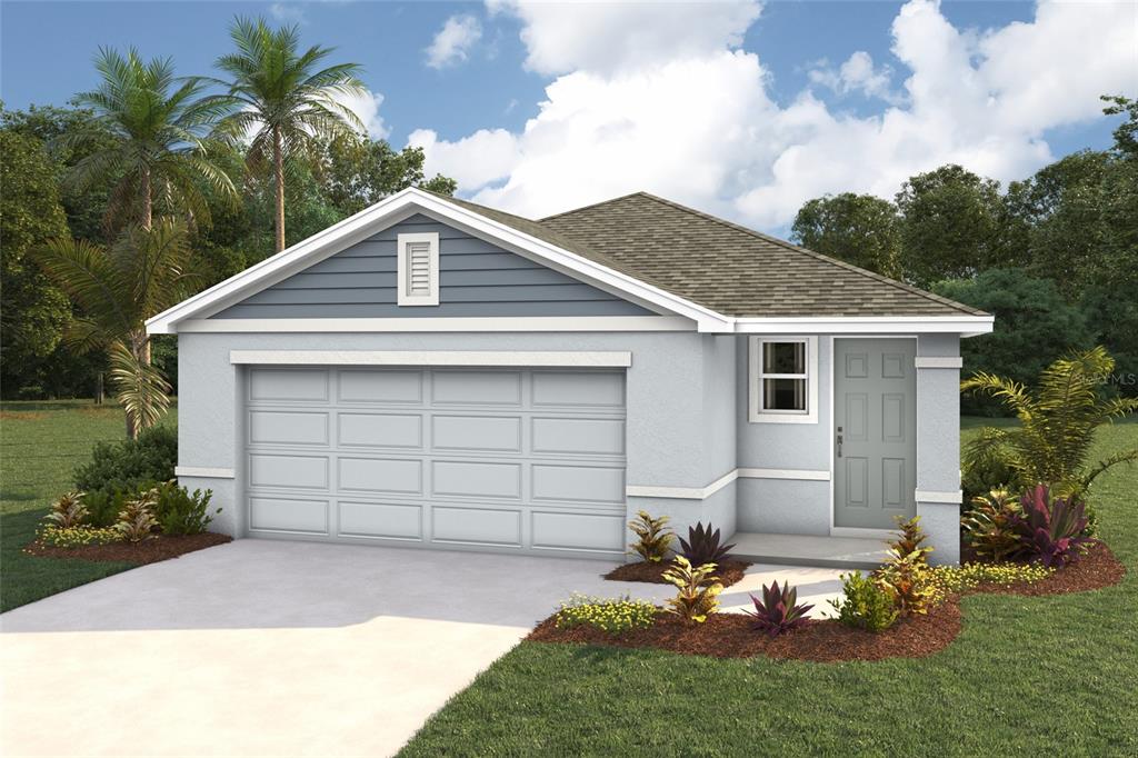 a front view of a house with a garden and yard
