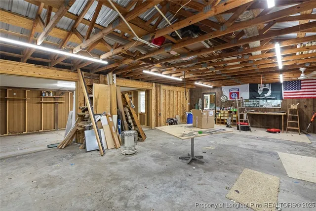 a view of a garage with furniture
