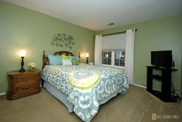 a bedroom with a bed and a television