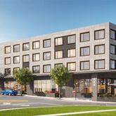 a view of a building and a street