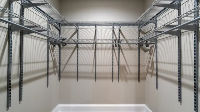 a view of a room with racks on the wall